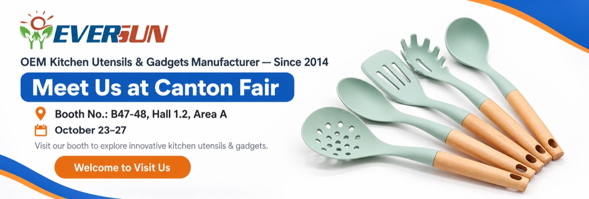 EVERSUN Canton Fair invitation featuring kitchen utensils: October 23–27, booth B47–48, Hall 1.2, Area A. Welcome to visit us.